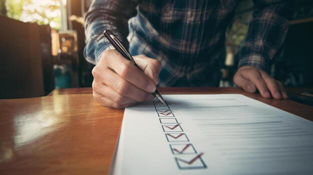 person-completing-a-checklist-with-pen-on-wooden-desk-indoors-photo person-completing-a-checklist-with-pen-on-wooden-desk-indoors-photo